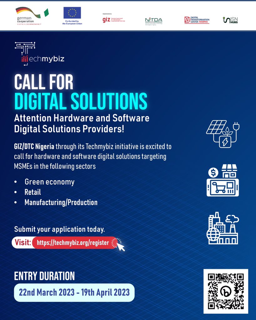 eliworldltd's tweet image. CALL FOR DIGITAL SOLUTIONS 

Attention Hardware and Software Digital Solutions Providers.

#TechMyBiz initiative by Deutsche Gesellschaft für Internationale Zusammenarbeit (GIZ) is calling for for hardware and software digital solutions targeting MSMEs in the following sectors: