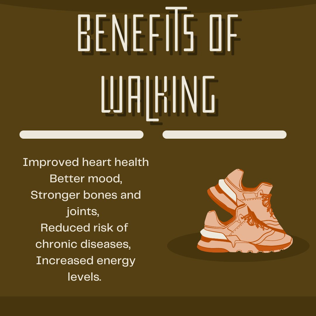 "Get moving and enjoy the benefits of walking! Improved heart health, better mood, stronger bones and joints, reduced risk of chronic diseases, and increased energy levels.