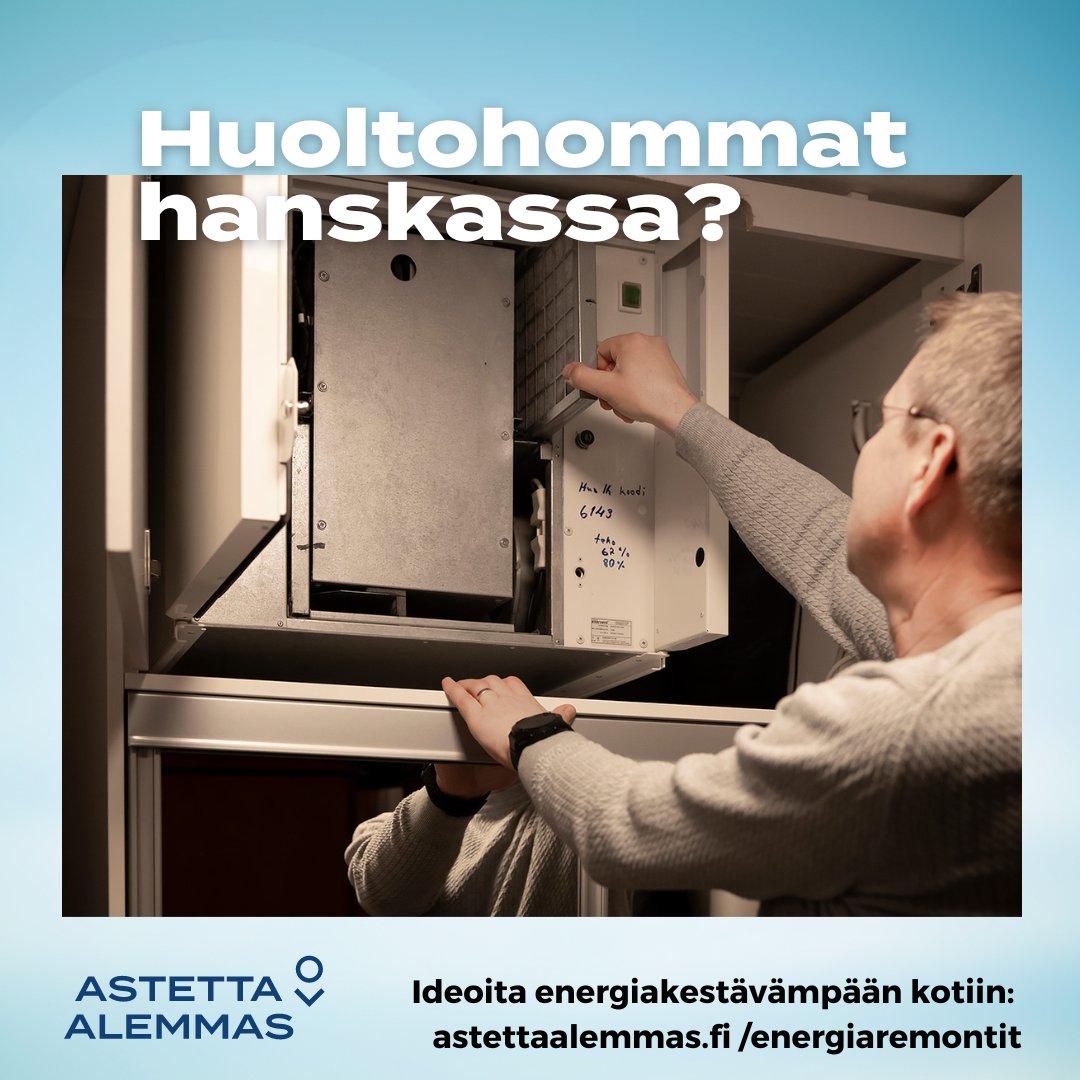 Muistatko, milloin viimeksi puhdistit ilmanvaihtokoneen suodattimet, tarkistit vesipatteriverkon vedenpaineen tai ilmasit lattialämmityksen lämmitysverkon? Älä heittäydy muistin varaan, vaan pidä kirjaa huolto- ja ylläpitotöistä. Lue lisää: astettaalemmas.fi/saastovinkit/r…
#AstettaAlemmas