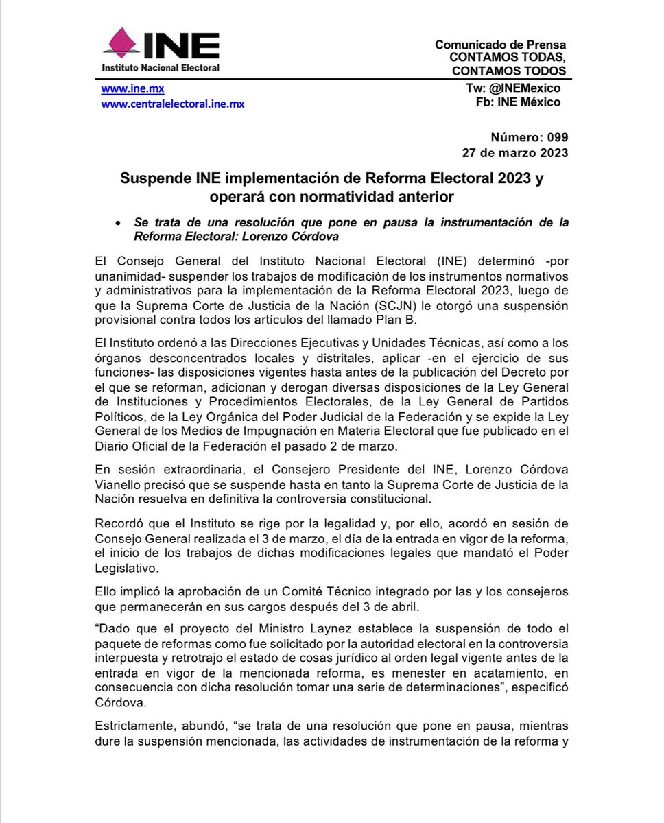 INEMexico's tweet photo. 📝 #BoletínINE | Suspende INE implementación de Reforma Electoral 2023 y operará con normatividad anterior. https://t.co/UbWJdjnOhD https://t.co/qm941iWKbp