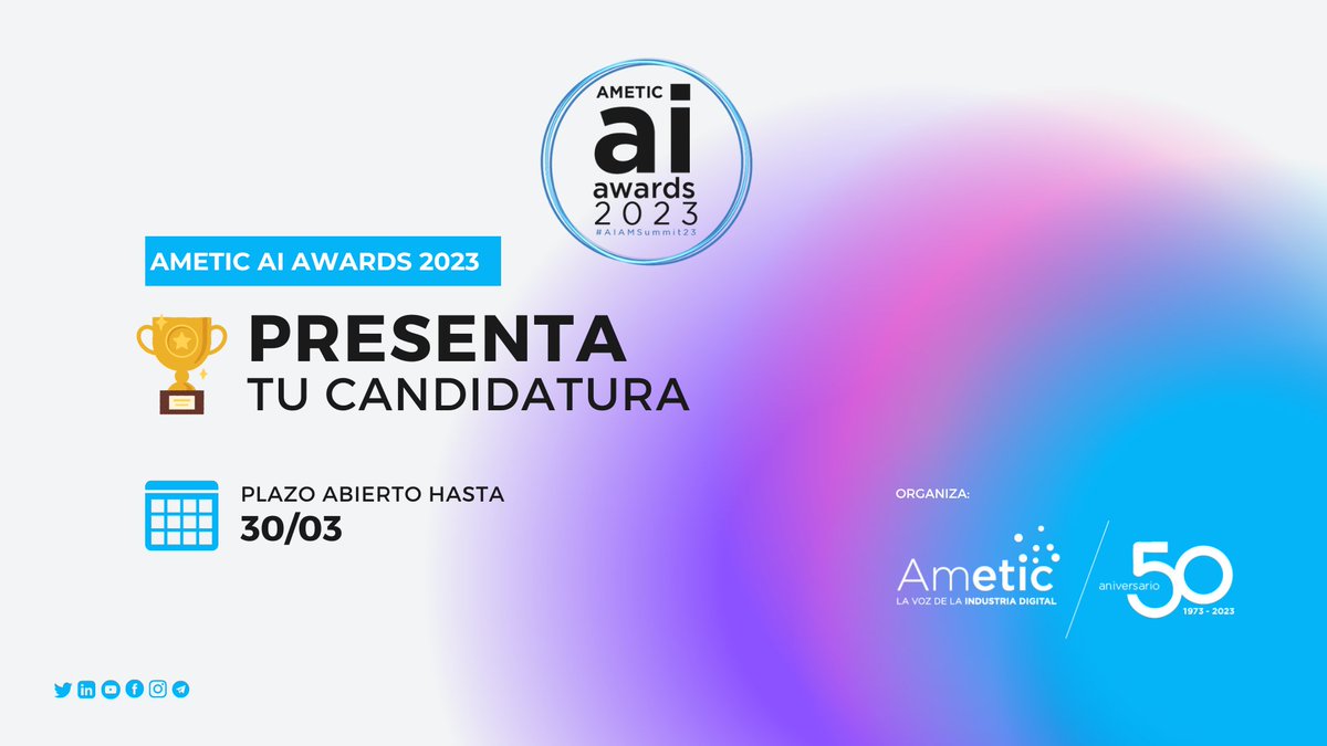 AMETIC (@ametic_es) on Twitter photo 📍¡ÚLTIMOS DÍAS!
🔹No te olvides de enviar tu candidatura a los Premios IA de #AMETIC antes del 30/03 para formalizar tu inscripción 
🔹La ceremonia de entrega de premios tendrá lugar el próximo 26/04 en el #AIAMSummit23
👉🏼¡Regístrate! ametic.es/evento/ametic-… 📍¡ÚLTIMOS DÍAS!
🔹No te olvides de enviar tu candidatura a los Premios IA de #AMETIC antes del 30/03 para formalizar tu inscripción 
🔹La ceremonia de entrega de premios tendrá lugar el próximo 26/04 en el #AIAMSummit23
👉🏼¡Regístrate! ametic.es/evento/ametic-…