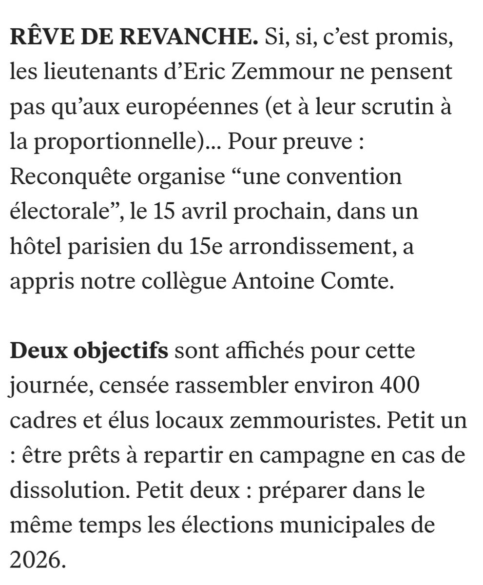 Eric #Zemmour ne pense pas qu’aux européennes... #Reconquête organise “une convention électorale”, le 15 avril, dans un hôtel parisien pour parler stratégie électorale en cas de #dissolution et en vue des municipales. C'est à lire ce matin dans Playbook ⤵️ @POLITICOEurope