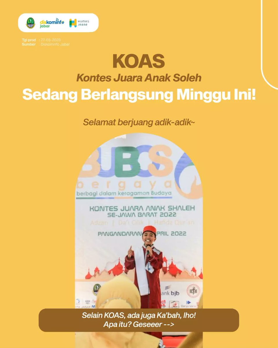 humasjabar's tweet photo. Kontes Juara Anak Nasional (KOAS) sudah dimulai kemarin. Semangat berjuang dalam berlomba adik-adik. โค๏ธ
@ridwankamil @ata_lia @PaUuRuzhanul
#JabarJuara #BUBOS7 https://t.co/HacxZpxPCd