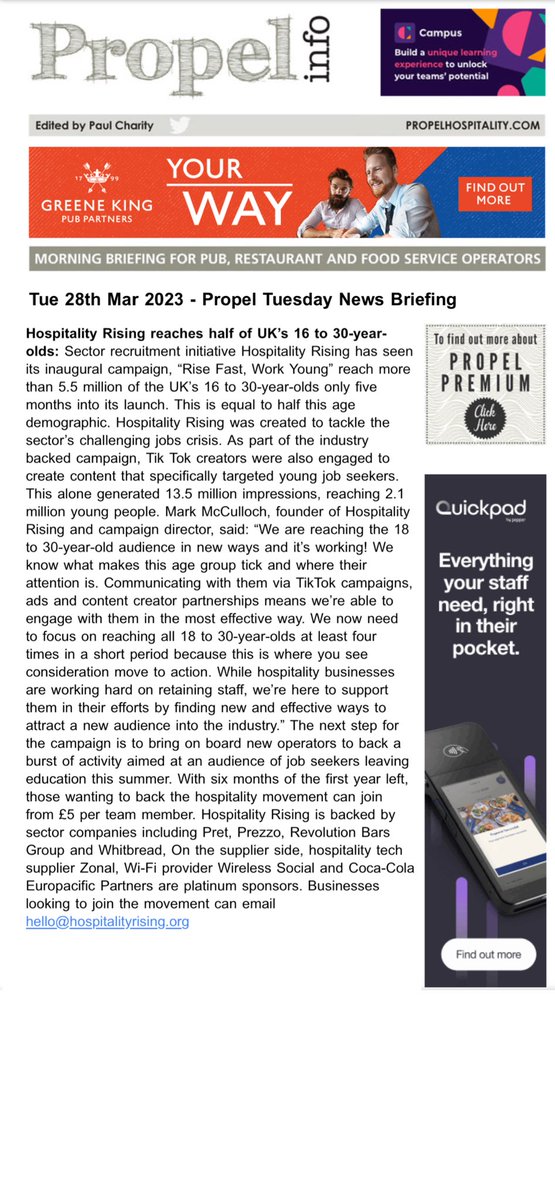 Hospitality Rising reaches half of UK 16-30 year olds with #risefastworkyoung campaign in just 22 weeks. Well done team. Thanks Propel. @HospoRisingUK