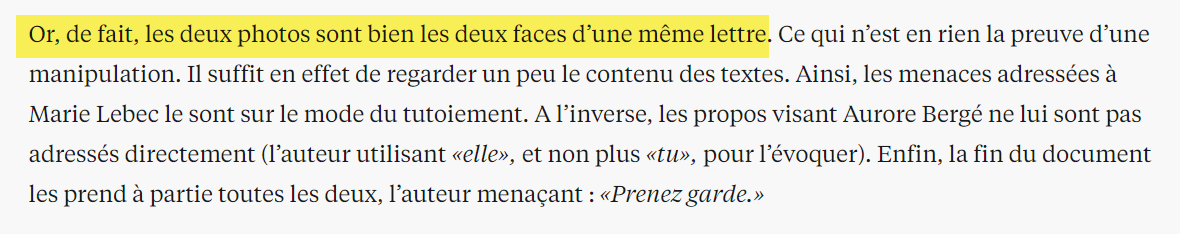 mormach's tweet image. Dans le feuilleton des lettres anonymes reçues par #Bergé et #Lebec, le service checknews de libération traite ceux qui trouvent ce lettres suspectes de "complotistes"...
Tout en reconnaissant que ces deux courriers distincts sont sur la même feuille!!!