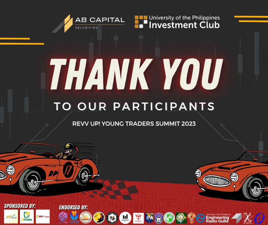 UPIC_PH's tweet photo. Congratulations, racers! You have finally reached the finish line. 🏁

Thank you to everyone who attended the Young Traders Summit 2023 month-long lecture series and joined the game, YTS Grand Prix! https://t.co/5yr2hZWJZN
