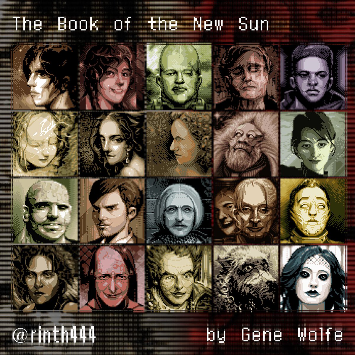 rinth444's tweet photo. here they are, all of the #BookoftheNewSun #pixelart portraits i did. i keep wondering how a BotNS rpg would play out. constantly losing party members would have to be worked into the mechanics. maybe you summon aquastors? #GeneWolfe #ドット絵 https://t.co/t7fSjpaekx