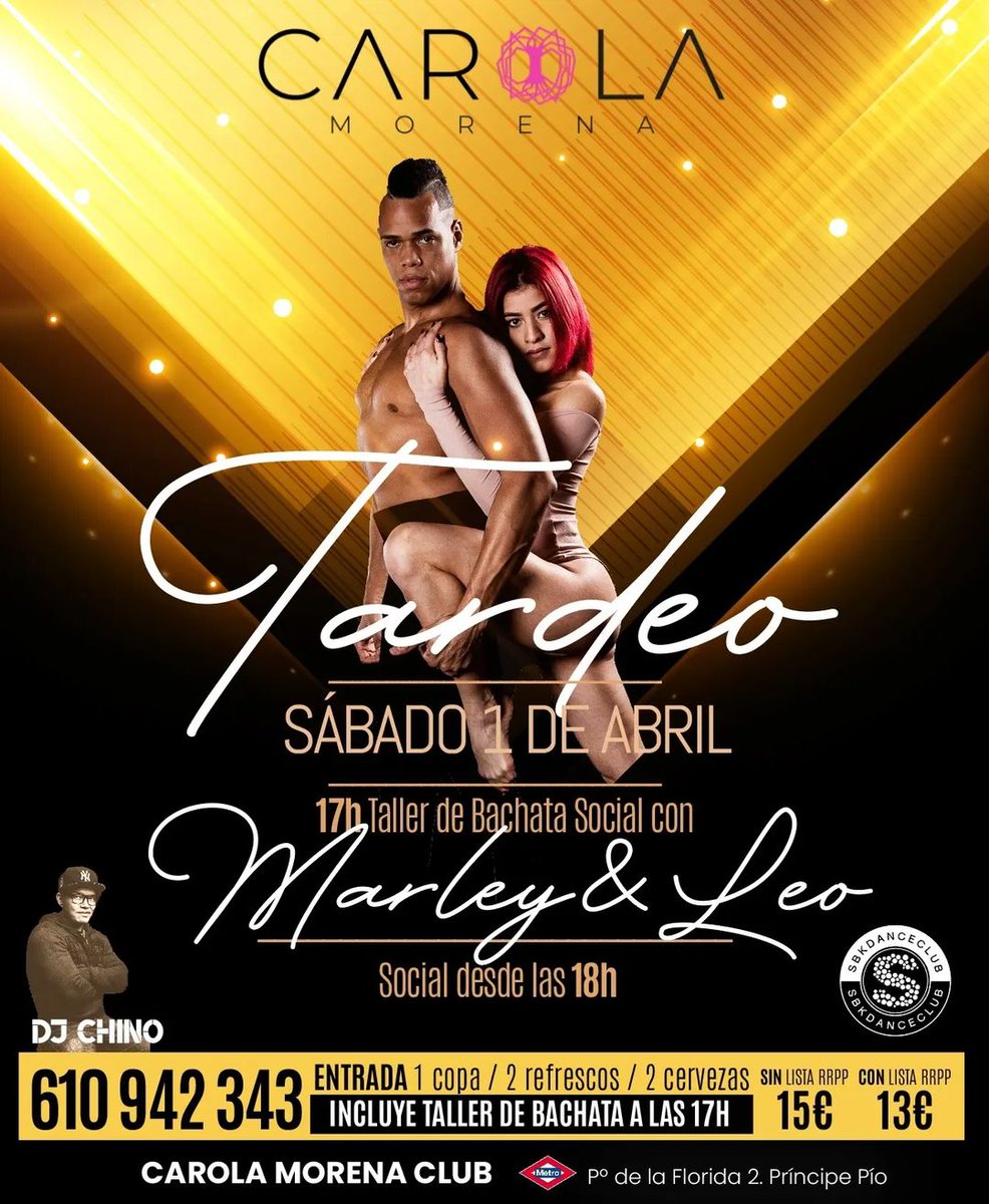 _carolamorena's tweet photo. LO BUENO SE REPITE 
Tardeo SBK 💃🕺🏾

Vente a disfrutar de esta oportunidad. Nos acompañará Dj Chino juanchu507 y tendremos una clase de Bachata Social con Marley y Leo. 

🎫 https://t.co/wWur2Ru3gD

#bachata #baile #bailesocial #madrid https://t.co/9FDSTN92fc