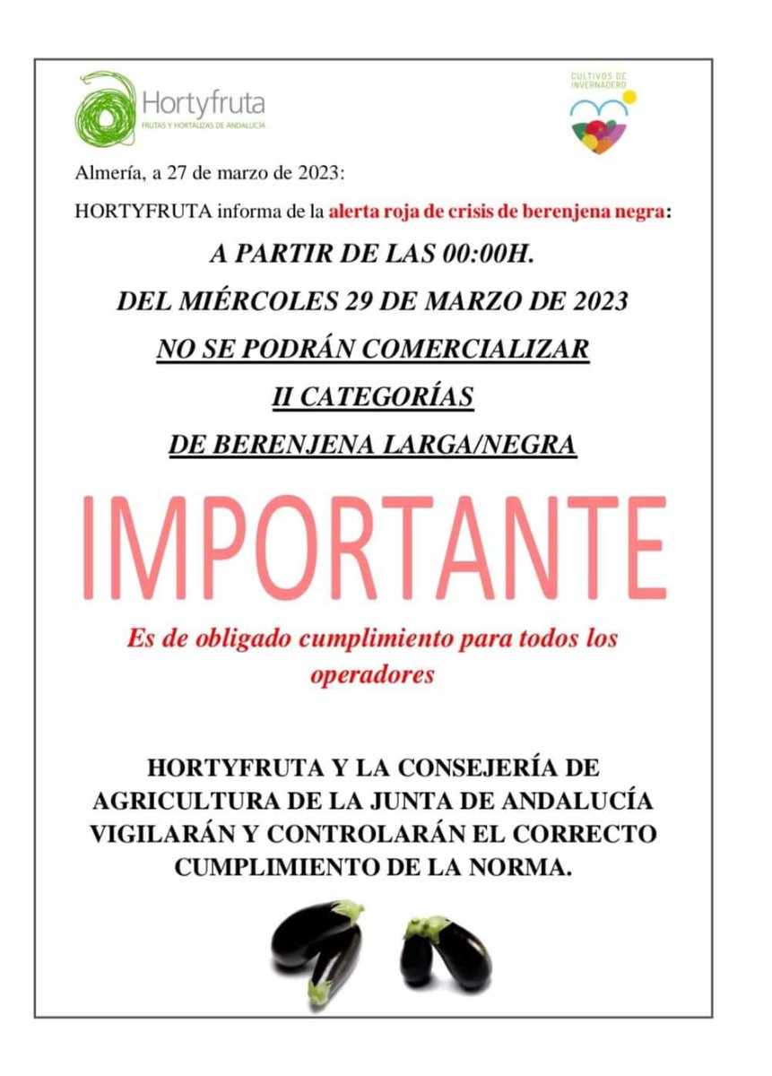 ASAJAAlmeria's tweet photo. #ASAJAAlmería 👉👉A partir de las 00:00 horas del miércoles 29 de marzo se dejarán de comercializar las segundas categorías de #berenjenalarga cultivada bajo invernadero en todo el territorio andaluz.
Acuerdo @Hortyfruta
#ExtensióndeNorma #Hortícolas #Andalucía #BajosPrecios https://t.co/xMtyKyBzjk