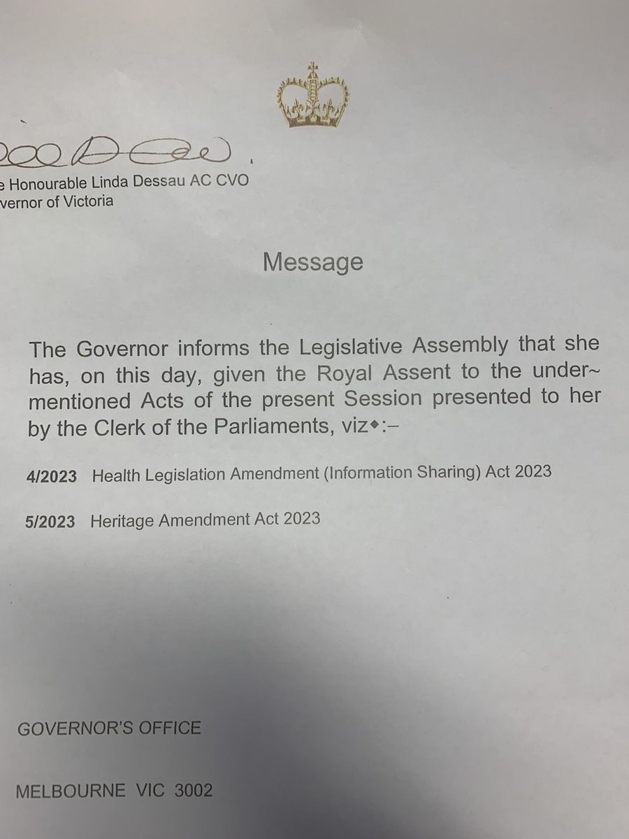 A landmark day in Victorian healthcare today. 

Royal Assent given to the Health Legislation Amendment (Information Sharing) Act. 

Victorians will be safer in the care they receive because of this Act. 

#safercare #betteroutcomes #betterhealth