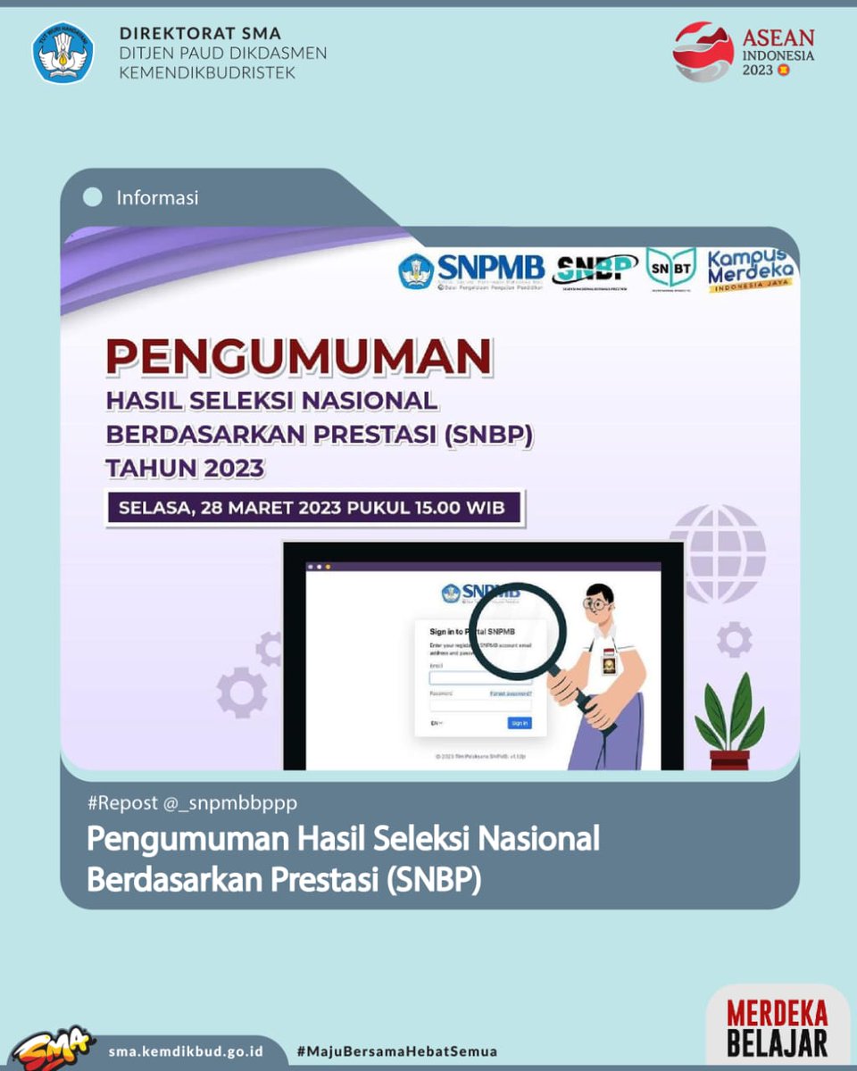 direktoratsma's tweet image. Halo #TemanSMA
Hari ini secara resmi hasil Seleksi Nasional Berdasarkan Prestasi diumumkan. Peserta dapat mengakses pengumuman mulai pukul 15.00 WIB.

Cek informasi lengkapnya pada:
snpmb.bppp.kemdikbud.go.id dan media sosial @_snpmbbppp

#SNPMBBPPP
#SNPMB2023
#SNBP
#SNBT
#UTBK