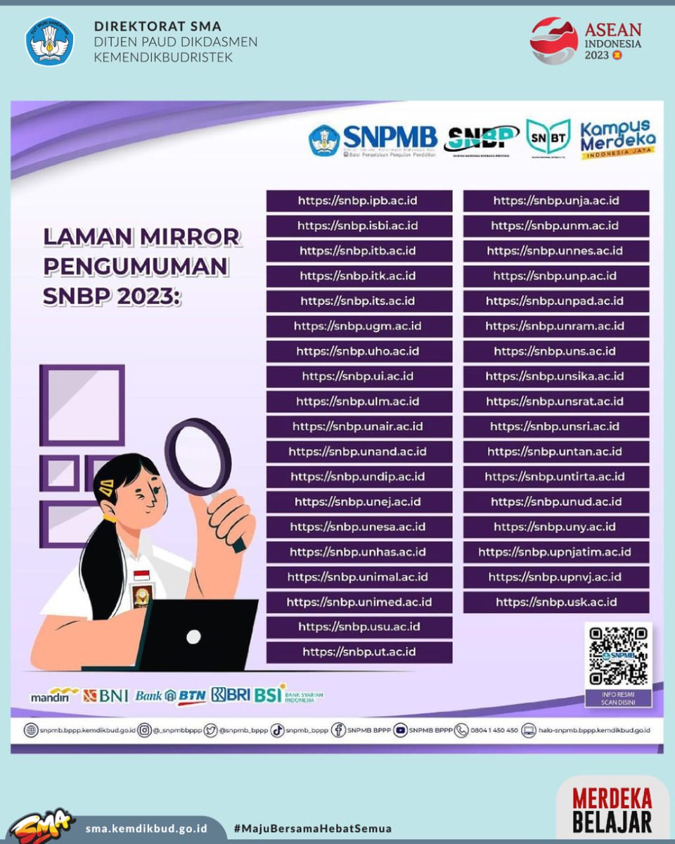 direktoratsma's tweet image. Halo #TemanSMA
Hari ini secara resmi hasil Seleksi Nasional Berdasarkan Prestasi diumumkan. Peserta dapat mengakses pengumuman mulai pukul 15.00 WIB.

Cek informasi lengkapnya pada:
snpmb.bppp.kemdikbud.go.id dan media sosial @_snpmbbppp

#SNPMBBPPP
#SNPMB2023
#SNBP
#SNBT
#UTBK