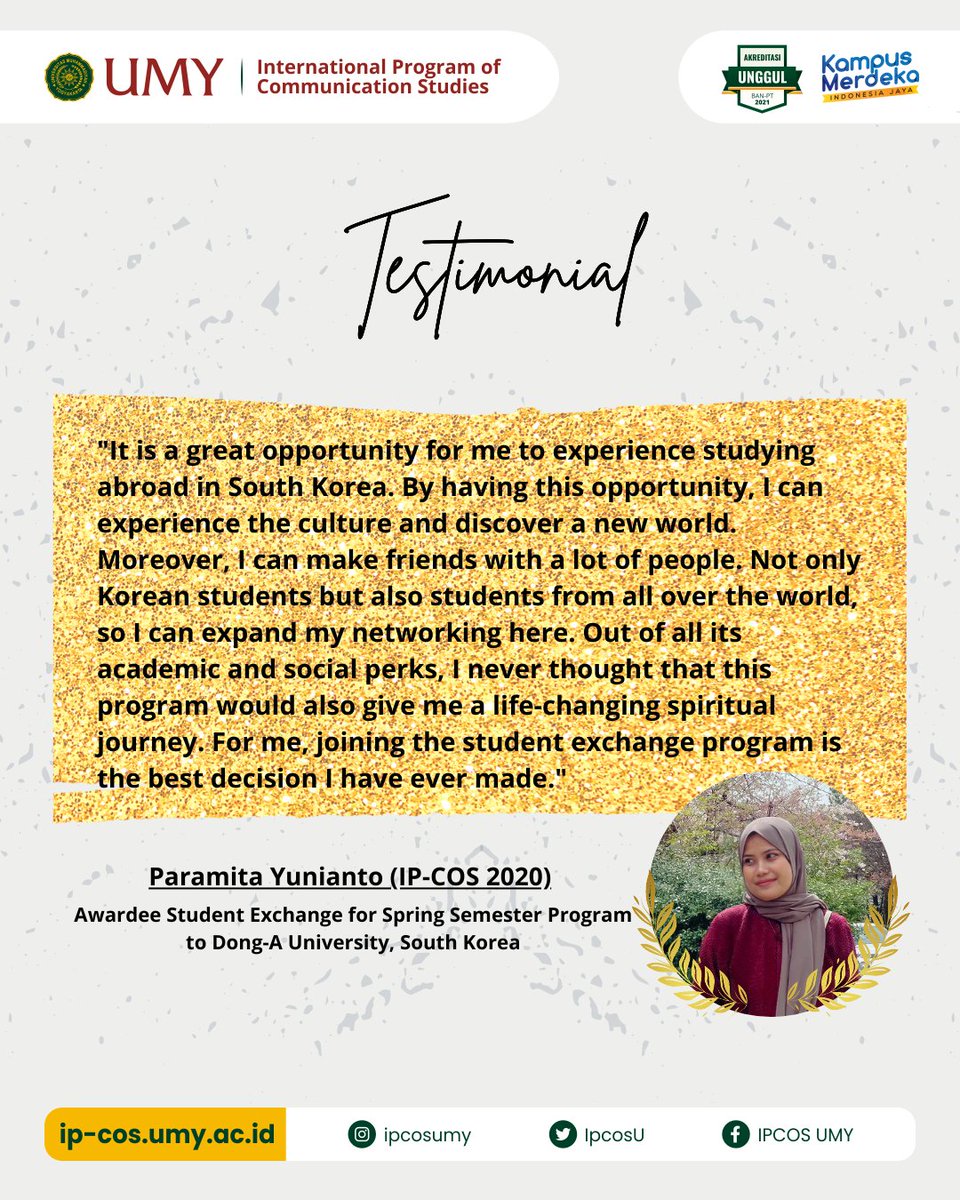 Congratulations!

One of our fellows has passed the student exchange for the spring program to Dong-A University, South Korea.

We hope the knowledge gained is useful and can be implemented!

#IPCOS #IPCOSUMY #InternationalCommunicationUMY #umyogya