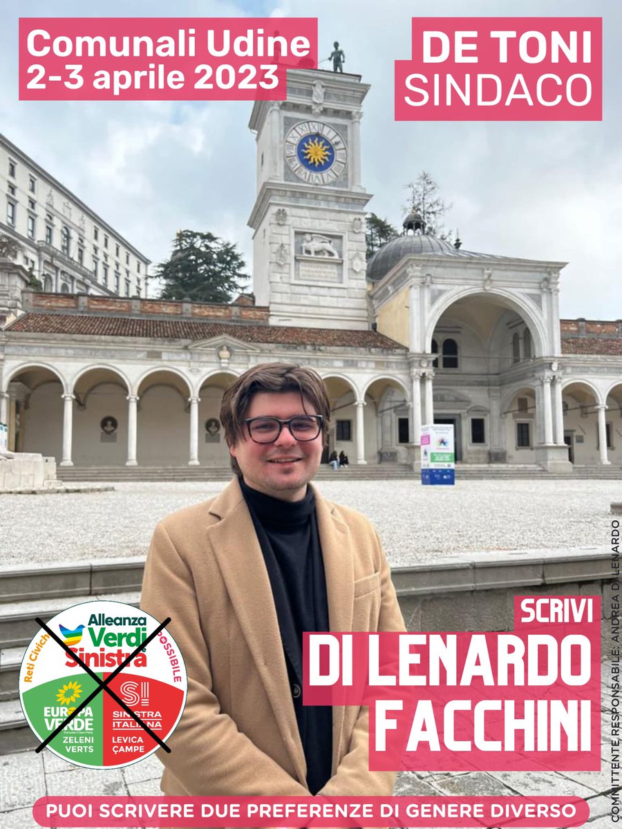Il 2/3 aprile scrivi DI LENARDO - FACCHINI e barra il simbolo Alleanza Verdi e Sinistra per Alberto Felice De Toni sindaco!

@FacchiniArianna 

#elezioni #udine #alleanzaverdisinistra