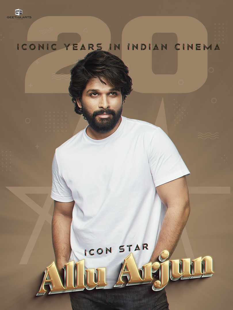 Alluarjunonlin3's tweet photo. Congratulations to our Icon Star @AlluArjun garu for completing 20 glorious years at cinemas. We are glad to have been associated with you for some of the most memorable films 💟

Here's to many more years of blockbusters &amp; worldwide accolades 🌟#20ICONICyearsOfAlluArjun https://t.co/175yd8Bbzk