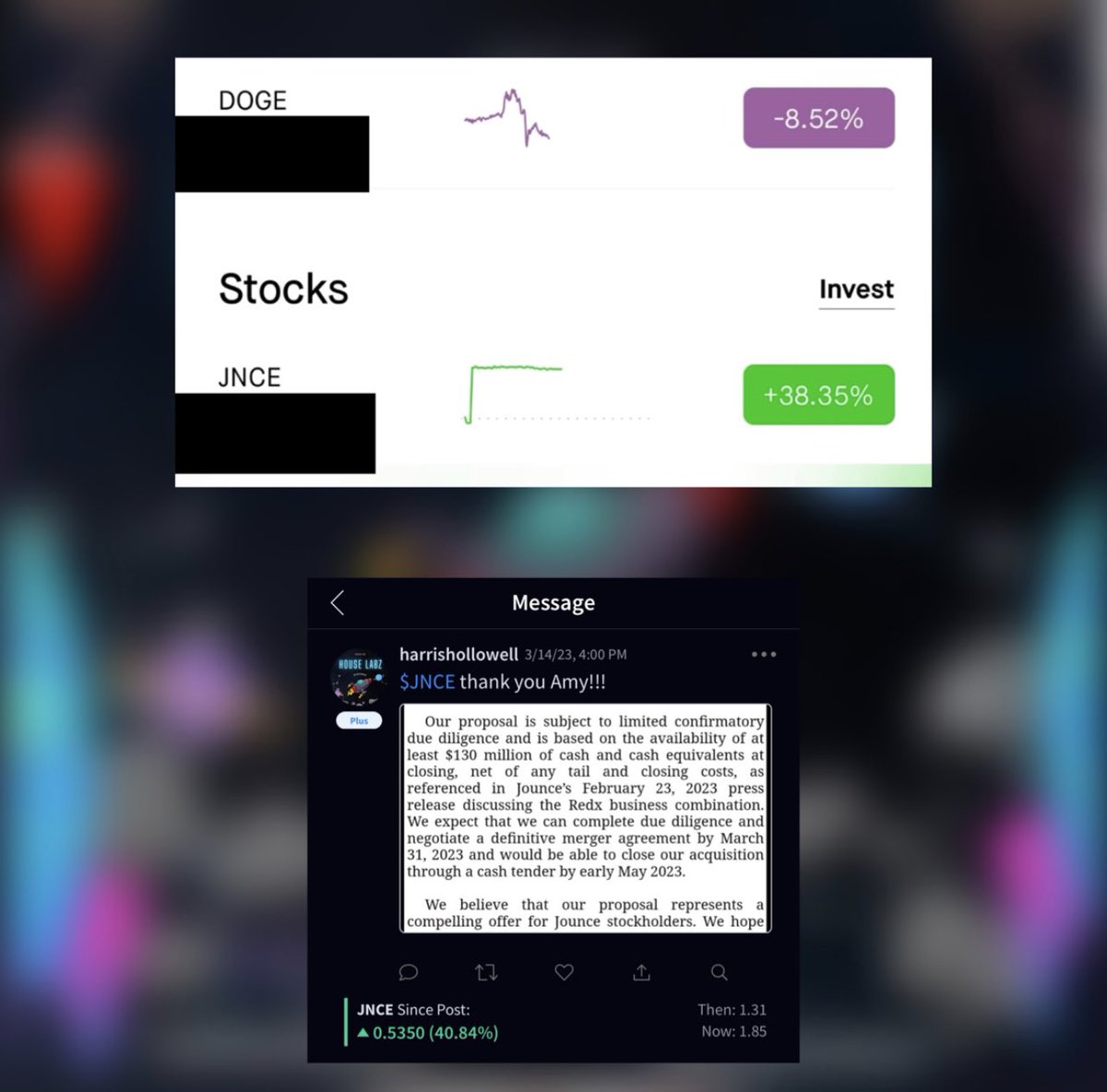 HarrisHollowell's tweet photo. $nir $jamc $reve $JNcE I thought JNcE was going to hit my stop loss last week! I should have bought more shares! #pennystocks #ipo #stockmarket #jnce #daytrade #swingtrade https://t.co/cwT3WXEJW2