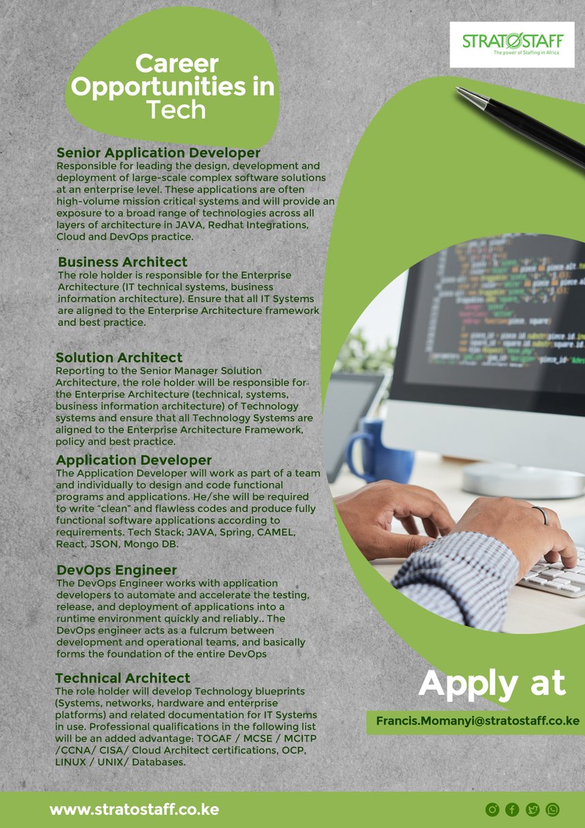 brericoo's tweet photo. Our mission at Stratostaff EA Limited is to help #tech #experts thrive in their careers and to connect them to the world’s best companies.
Check out some of the opportunities we are recruiting for our leading global clients. 
#stratostaffea
#techtuesday
#techhiring
#techforall https://t.co/ssdpHyBPWn