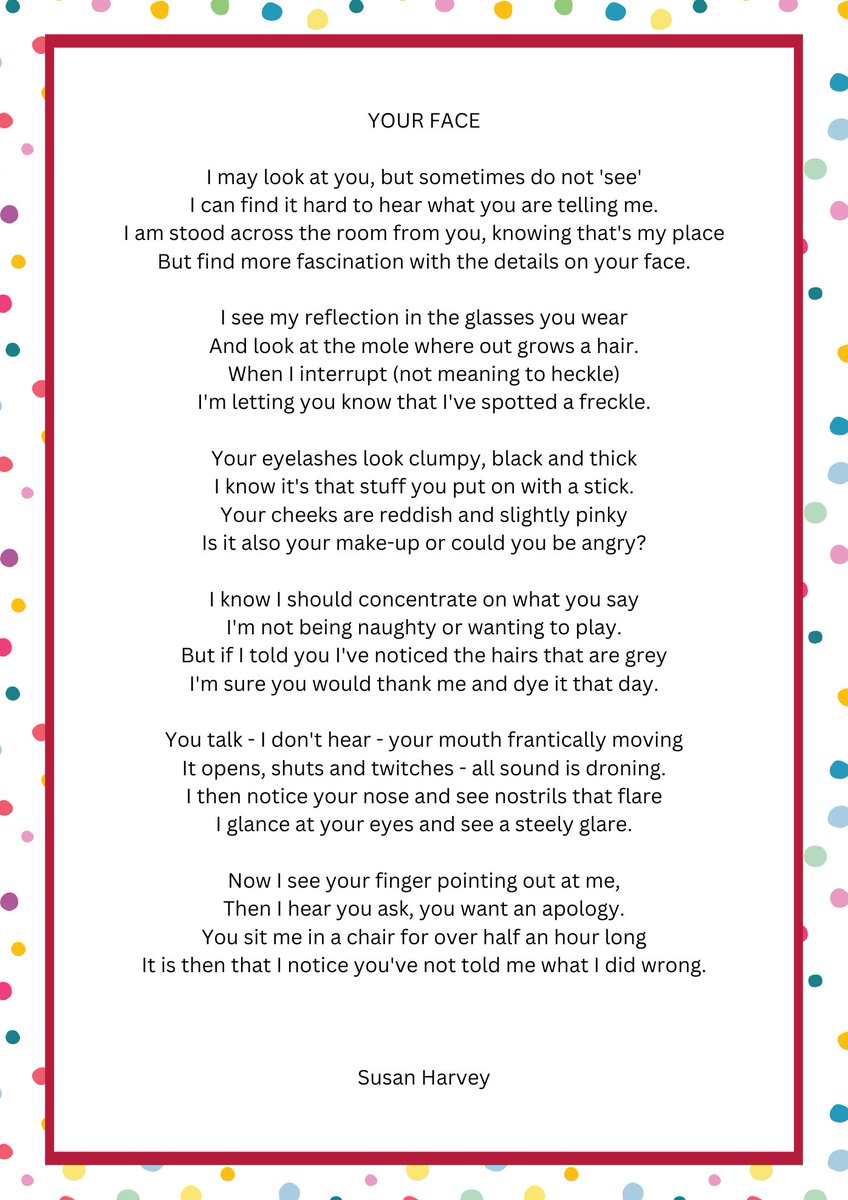 I wrote this when my son was at school ❤️

@Beth_Tastic @martinimarie @suziebooks @Gaiinz @BexHeadTeacher @Rachel @mymoodstars @AnnaKennedy1 @AutismAllStars 

#AutismAwarenessWeek #AutismAcceptance #neurodiversity #MakeitBetter #inclusion #inclusionmatters #Autism