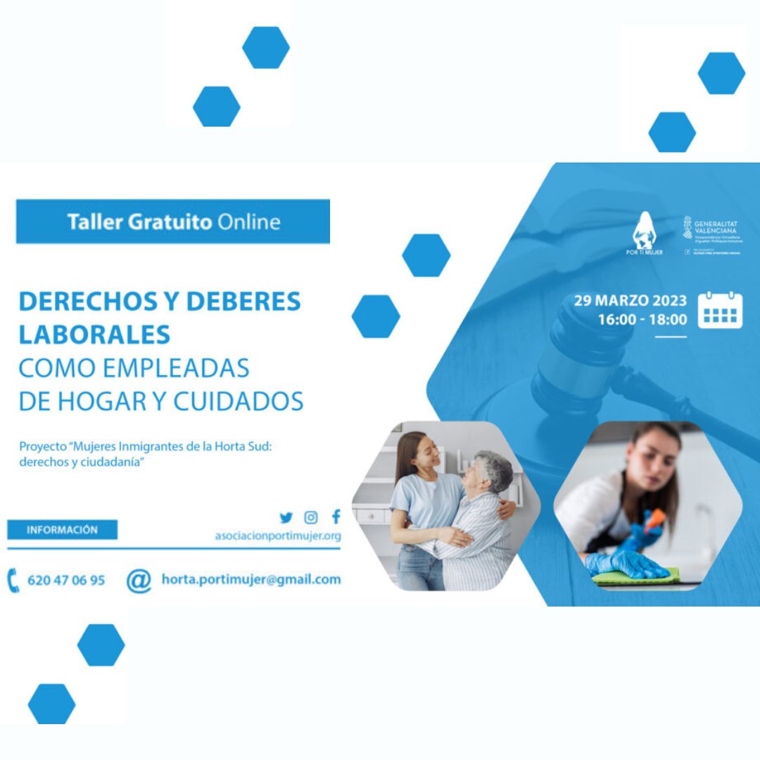 IgualtatVLC's tweet photo. El pròxim 29 de març de 2023, l'Associació Por tí mujer realitzarà un taller en línia formatiu sobre els deures i drets laborals de les treballadores de la llar i cures.
En horari de 16.00 a 18.00, a través de la plataforma Zoom.
@PorTiMujerONGD #drets #deures #hogar #cures #30m https://t.co/kXtj1VqlOJ