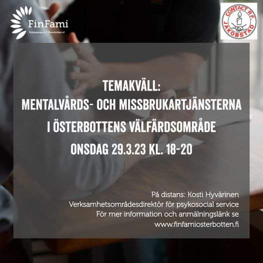 Temakväll om Österbottens välfärdsområde, 29.3.23 kl. 18-20.
Den här kvällen är en chans för dig att få svar på dina frågor om mentalvårds- och missbrukartjänsterna. Som gäst Kosti Hyvärinen,
verksamhetsområdesdirektör för psykosocial service.
link.webropol.com/ep/valfardsomr…