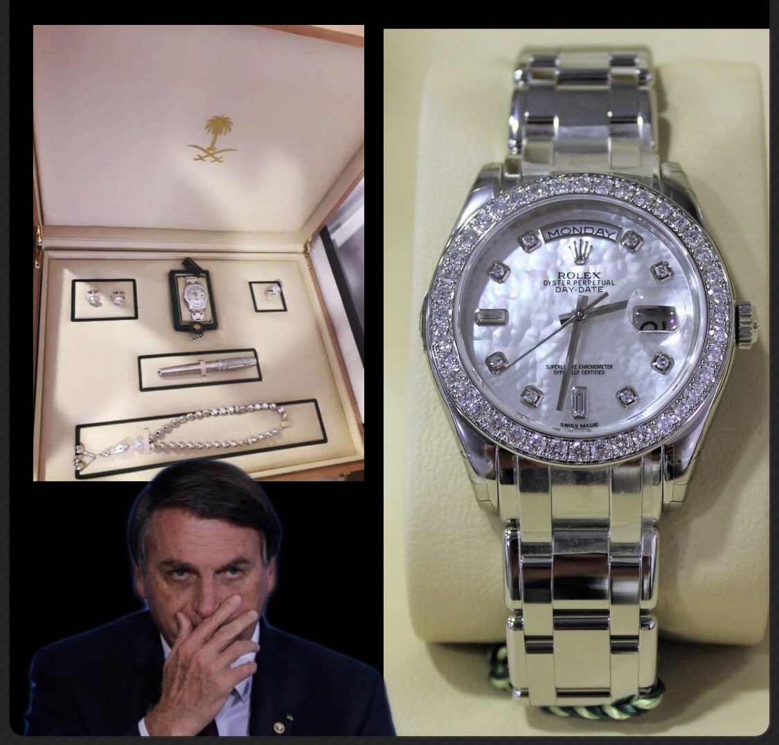 Joice Hasselmann on Twitter: "JB ficou quietinho...com um conjunto de joias  de meio milh&Atilde;&pound;o de reais! Bolsonaro recebeu um TERCEIRO conjunto de joias  com Rolex de diamantes e levou com ele ap&Atilde;&sup3;s