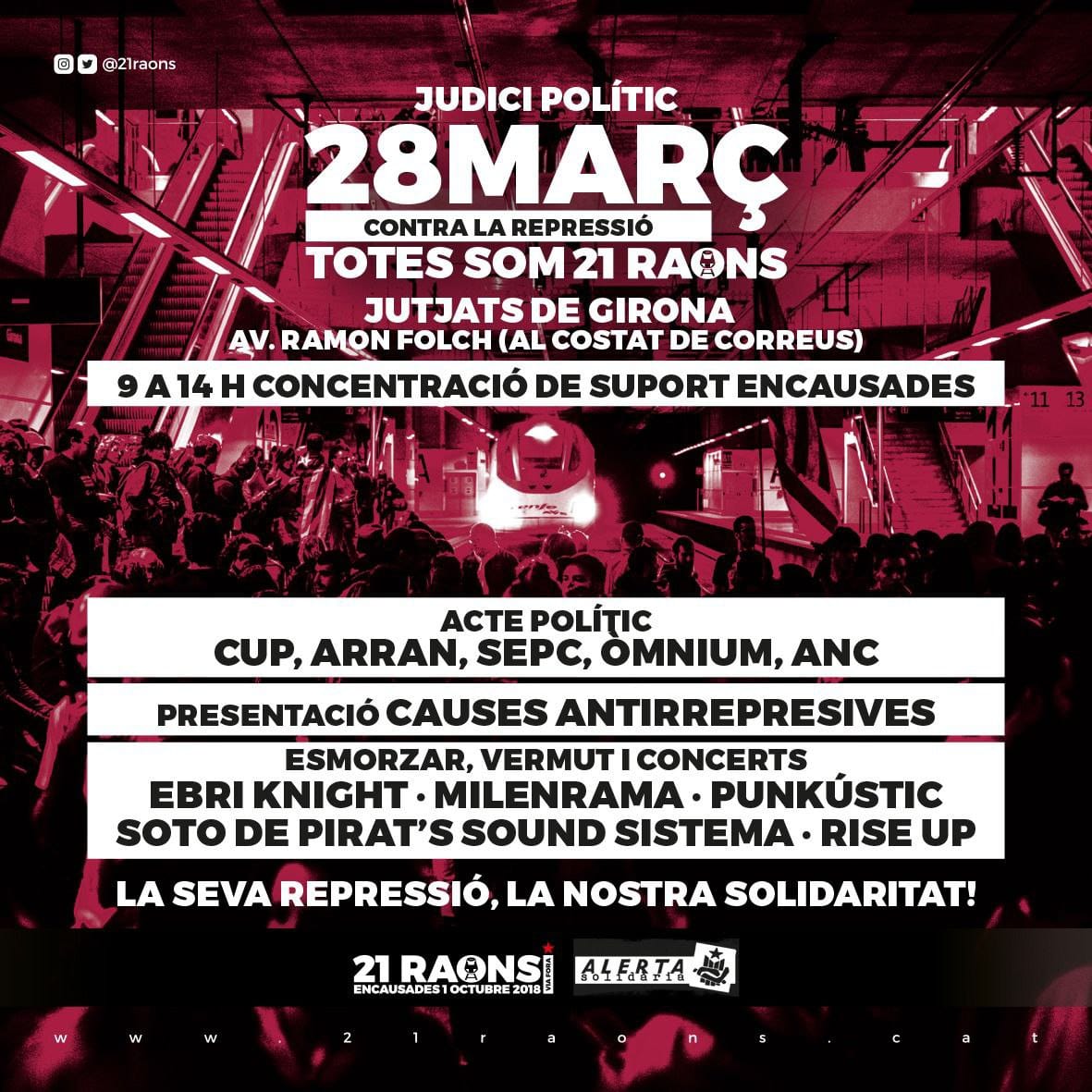 la_IAC's tweet photo. Som als jutjats de #Girona donant el nostre suport a @21raons davant el judici polític que un cop més es practica des de l'estat per reprimir el dret a la protesta. Contra la repressió totes som 21 raons!
La seva repressió,
La nostra solidaritat! https://t.co/yownzz9ADA