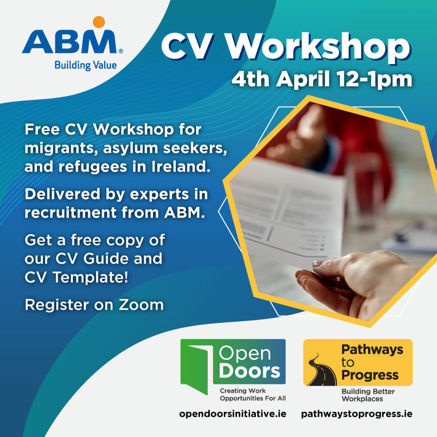 path2_prog's tweet photo. Attention all migrant job seekers in Ireland! 🌍👥
Mark your calendar for the CV Workshop on 4th April at 12 noon, organized by The Open Doors Initiative / Pathways to Progress, in collaboration with ABM.
Register: https://t.co/O5cgyVipbk
#CVWorkshop #OpenDoors https://t.co/8XzSka4qUx