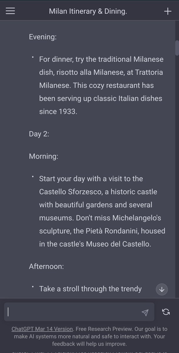 hdwrightt's tweet photo. Getting chatgpt to plan our days in Europe for our holiday in May is hectic - dinner reservations and all!

Just keen to be able to blame AI when my partner cracks the shits about where we chose to eat :) https://t.co/SuyCOfOZKs