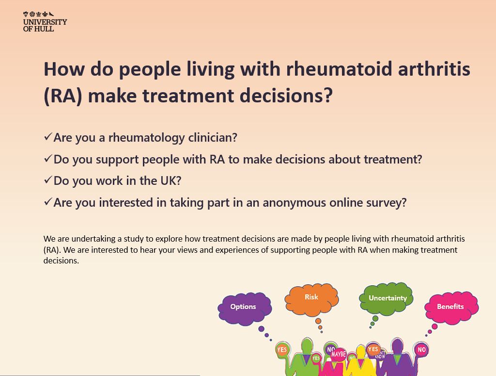 Are you a rheumatologist, nurse, AHP who supports people with #RheumatoidArthritis to make treatment decisions? 

Please complete this anonymous online survey bit.ly/40Fqbir 

Please RT @RCNrheumforum <a href="/NRAS_UK/">NRAS</a> <a href="/GenQ5Lesley/">Lesley Kay also on bluesky 💙</a> <a href="/karlAnicholl/">karl nicholl</a>  <a href="/ProfJohnIsaacs/">John Isaacs</a> <a href="/ndosie/">Mwidimi Ndosi</a>