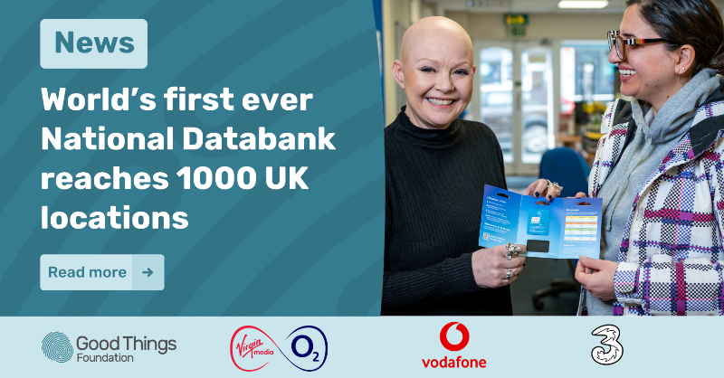 GoodThingsFdn's tweet photo. 📣 The #NationalDatabank, created with @VMO2News and supported by @VodafoneUK and @ThreeUK, is now operating in 1,000 locations across the UK. 

The databank gives free SIMS and mobile data to people in need. 

Read about this fantastic milestone 👇