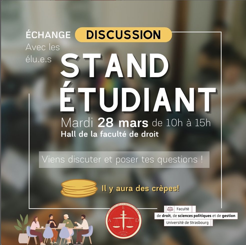 AEDStrasbourg's tweet photo. [REPRESENTATION]
La seconde édition du #standetudiant se tient de 10h à 15h dans la Aula de la Faculté de droit. N"hésitez pas à venir discuter avec nos élu.e.s https://t.co/o0fwsVjkBO