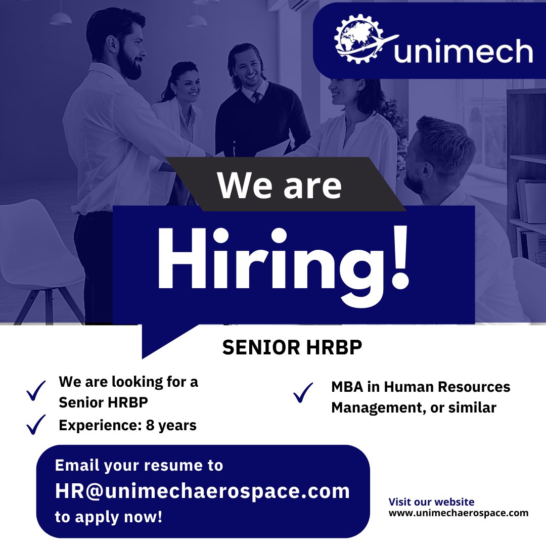 We are hiring!

Job Title: Senior HR Business Partner

Join Unimech Group as our new Group HR Leader! We're seeking a hands-on, motivated leader to spearhead our HR strategy and elevate employee engagement. #aerospace #unimech #aerospaceindustry #hrbp #seniorhr #unimechaerospace