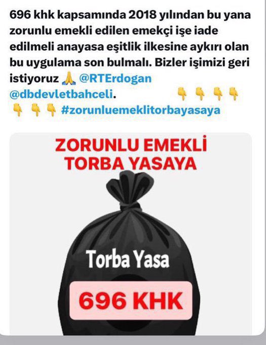 #ToplumsalBeklentilerPaketi 

GÖRMEZDEN GELMEYİN! 
Zorunlu emekli edilen 696 KHK lı işçiler, 
Milyonlarca yakınları ve Aileleri, 

ADALETLİ OLMANIZI,

İşlerine İADE edilmeyi,

Mağduriyetlerinin giderilmesini
talep ediyorlar.
<a href="/RTErdogan/">Recep Tayyip Erdoğan</a> <a href="/vedatbilgn/">Vedat Bilgin</a> <a href="/csgbakanligi/">T.C. Çalışma ve Sosyal Güvenlik Bakanlığı</a> <a href="/TBMMGenelKurulu/">TBMM Genel Kurulu</a>