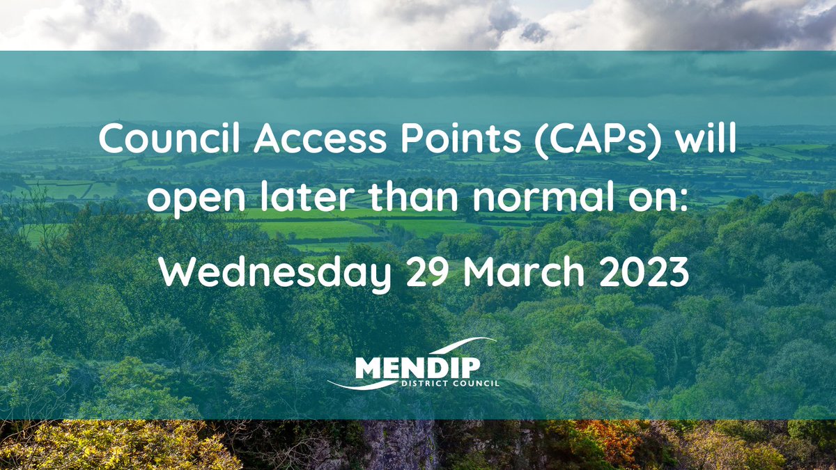 Please be aware that the #Frome Council Access Point (CAP) will open 30 minutes later at 10am tomorrow (29 March) and all other CAPs will open 1.5hrs later that same day. See full opening times here: mendip.gov.uk/councilaccessp…