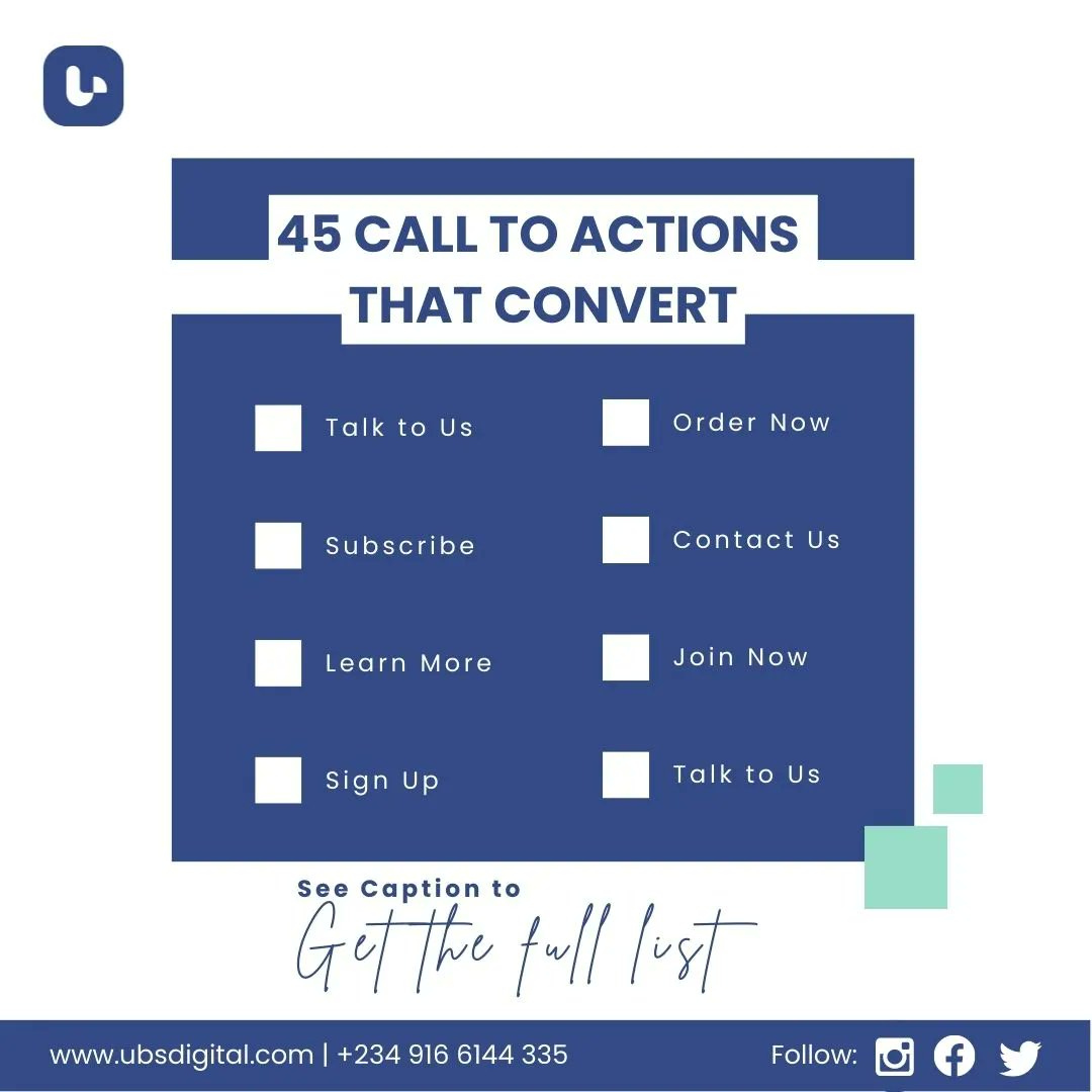 Boost your business with these tested and trusted Call To Action words.

Send a DM to get the complete list for FREE! 
.
#ubsdigital #digitalagency #marketingagency #businesstips #growthtips #businessgrowth #CTA #CTAexamples #salestips #contactus