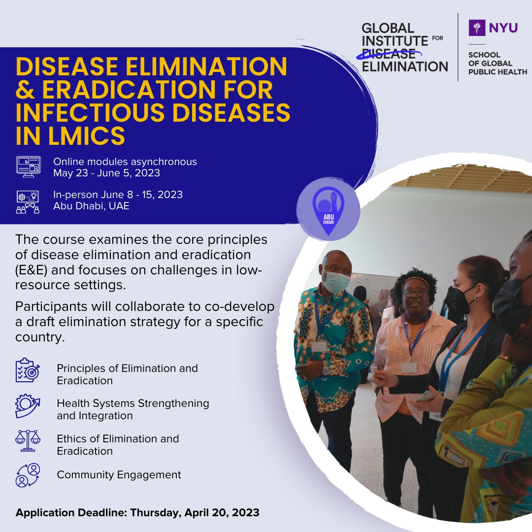 Global Institute for Disease Elimination (@glide_ae) on Twitter photo 📢 Did you know? Applications are now open for our co-designed course with <a href="/nyupublichealth/">nyupublichealth</a> ‘Disease Elimination and Eradication Strategies,’ which will bring participants together to design E&E strategies to advance #elimination efforts.
More info ➡️ ow.ly/917S50Nt7Fs 📢 Did you know? Applications are now open for our co-designed course with <a href="/nyupublichealth/">nyupublichealth</a> ‘Disease Elimination and Eradication Strategies,’ which will bring participants together to design E&E strategies to advance #elimination efforts.
More info ➡️ ow.ly/917S50Nt7Fs