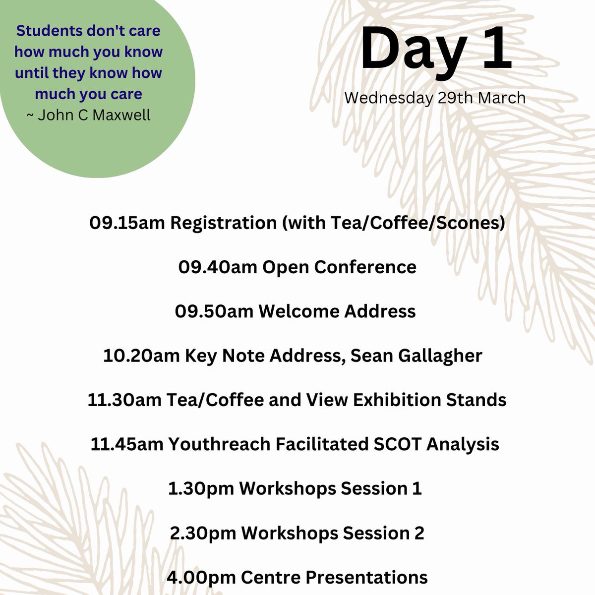 A great line up for Day 1 of the National Association of Youthreach Coordinators Annual Conference in Cavan tomorrow including workshops on UDL, Innovation &amp; CEIP 
<a href="/NAYCEXEC/">NAYC</a> <a href="/DeptofFHed/">Department of Further and Higher Education</a> <a href="/EUinmyRegion/">EUinmyRegion🇪🇺</a> <a href="/SOLASFET/">SOLAS</a> <a href="/PaddyLavelle5/">Paddy Lavelle</a> #ETBStrongerTogether #WeAreYouthreach #NAYC2023