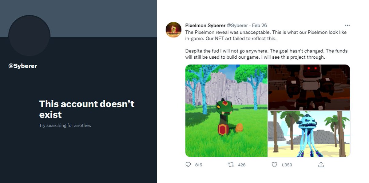 NFTherder's tweet photo. While everyone is distracted by the market meltdown the creator and founder of Pixelmon has quietly deleted his entire twitter account

Last time he tweeted was a year ago
"despite the fud I will not go anywhere" https://t.co/05022hThU7
