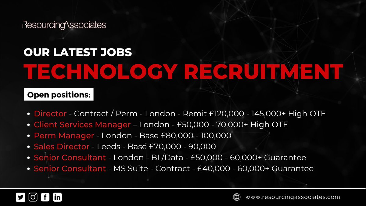 ResourcesAssoc's tweet image. For more info on these or to discuss what other opportunities we have contact us today!
T (UK): 0203 983 9300
T (US): +1 (646) 993 7350
E: enquiries@resourcingassociates.com

#technologyrecruitment #londonjobs #leedsjobs #rec2rec #r2r #recruitment2recruitment #recruitment