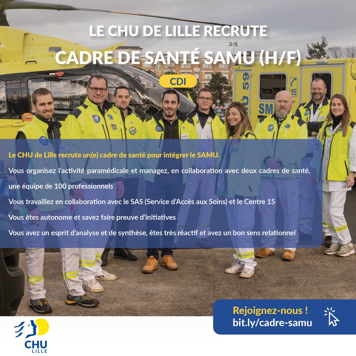 Recrutement 🥼 Le CHU de #Lille recrute un(e) cadre de santé pour intégrer le SAMU.
Votre mission : Organiser l’activité paramédicale, animer une équipe et coordonner les moyens du secteur d'activité de soins.
👉 bit.ly/cadre-samu