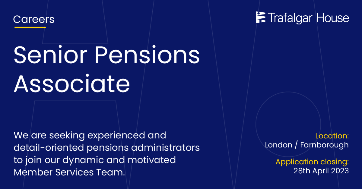 TrafalgarAdmin's tweet image. 📢 Exciting job opportunity alert! We're hiring a Senior Pensions Associate. Join our team and help us deliver outstanding pensions administration services to our clients.

🔍 Learn more and apply now: trafalgarhouse.co.uk/vacancies/lead…

#hiring #jobopening #pensions #finance #careers