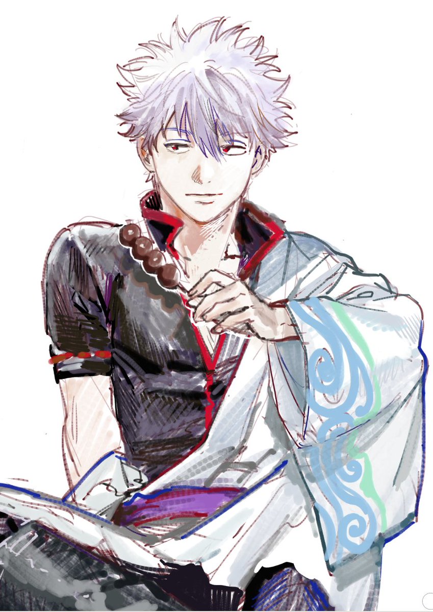 sakata gintoki 1boy solo male focus japanese clothes red eyes white background holding food  illustration images