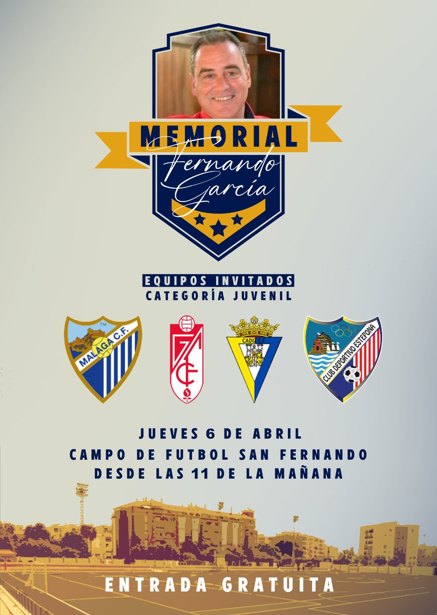 CDEstepona's tweet photo. "𝑰 𝑴𝑬𝑴𝑶𝑹𝑰𝑨𝑳 𝑭𝑬𝑹𝑵𝑨𝑵𝑫𝑶 𝑮𝑨𝑹𝑪𝑰𝑨"

El CD Estepona le rendirá un emotivo homenaje póstumo a Fernando García el Jueves 6 de Abril en el Campo de fútbol San Fernando a partir de las 11:00 horas, con un Torneo de fútbol Juvenil.
Más info ⬇️ https://t.co/cHEoYnDLdp https://t.co/kaSryp2vgI