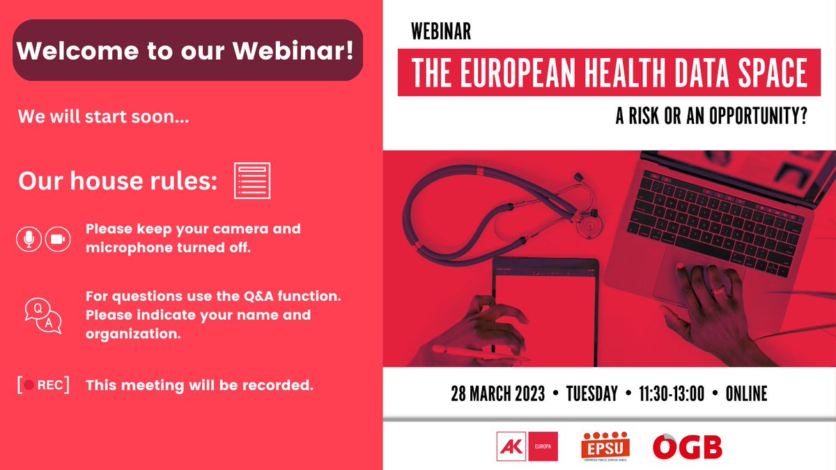 AK_EU_Int's tweet photo. ⏰Starting soon ... ⏰
📣The European Health #Data Space: a risk or an opportunity?

With @PetarVitanovMEP, @JW_Goudriaan, Daniela Zimmer, Jan Penfrat, Sara Roda

Join us live at 11.30 👉  https://t.co/WkCAbU8ZuK

@EPSUnions @CPME_EUROPA @edri and @oegb_eu
 #EHDS https://t.co/oQKKuWlNsa