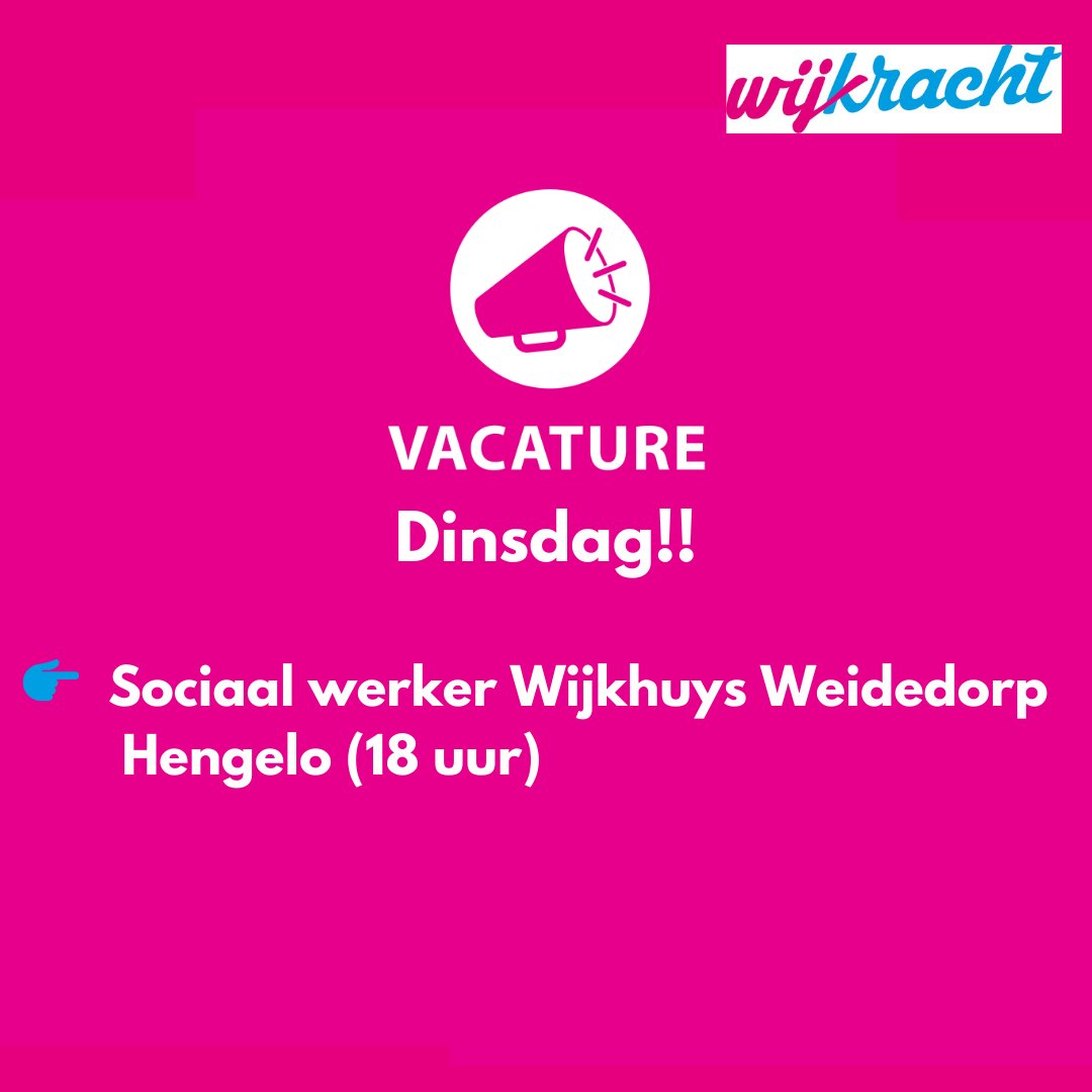 Wij zoeken voor Wijkhuys Weidedorp:

𝐒𝐨𝐜𝐢𝐚𝐚𝐥 𝐰𝐞𝐫𝐤𝐞𝐫 (𝟏𝟖 𝐮𝐮𝐫)

Ben jij de sociaal werker die we zoeken voor ons Wijkhuys Weidedorp? Reageer dan voor 12 april.
Wijkracht.nl/werken-bij-wij…

#Wijkracht #vacaturedinsdag #Wijkhuys #Hengelo #vacature #werk #job