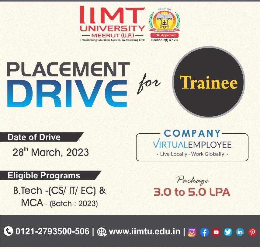 IIMT_U's tweet photo. Placement Drive for Trainee
Company- Virtual Employee
Date-28th March, 2023
Eligible Programs- B. Tech (CS/IT/EC) & MCA - (Batch:2023)
#PlacementDrive #CareerOppurtunities #VirtualEmployee
#IIMTPlacements #placements #IIMTians
https://t.co/3CxZLmQWbd | Helpline +91 9997089170 https://t.co/mCBKSZhr4c