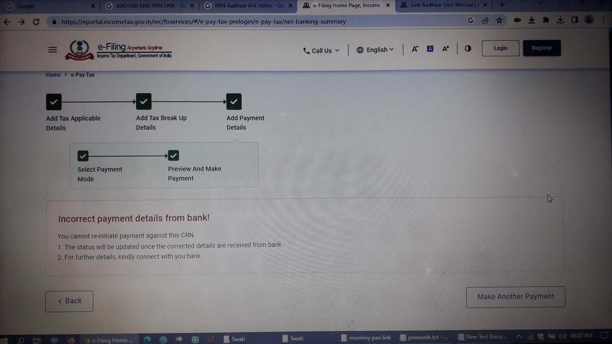 dharmikbhatt's tweet photo. @IncomeTaxIndia Tried to link pan-aadhar of my mother paid 1000/- got deducted but says incorrect bank details and link not done, kindly do needful. https://t.co/d3MYmwb3ki