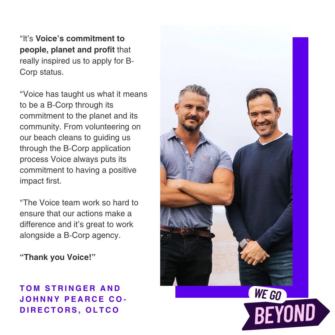 We heard from the Co-Directors of @Oltco  Tom Stringer and Johnny Pearce, on how Voice has inspired them to start their <a href="/BCorpUK/">B Corp UK</a>  journey. 

It’s great to see our clients joining the community!  

#UKBcorp #BcorpMarketingAgency #DigitalMarketing #DigitalAgency #WeGoBeyond