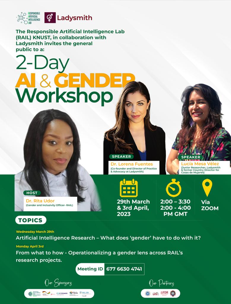 rail_knust's tweet photo. ✨Invitation to a 2-Day AI &amp; Gender Workshop ✨

Date: TOMORROW, 29th March &amp; 3rd April 2023

Time: 2:00 pm for both days

Join virtually with the zoom meeting ID: 67766304741

@AIAfricaNetwork @AI4Dev @IDRC_CRDI @Sida @giz_gmbh @unicv_edu_cv @KEEP_KNUST https://t.co/0IXGKzrXC9