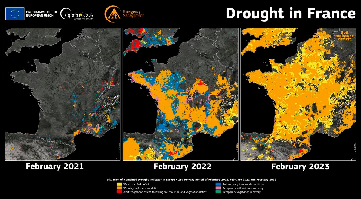 CopernicusEU's tweet image. .@CopernicusEMS has recently realesed a 🆕Global Drought Observatory #GDO Analytical Report which analyses the current #drought 🚱status in #Europe 

➡️#France 🇫🇷 is among the most affected countries

More at👇
e.copernicus.eu/DroughtInEurop…